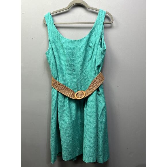 Nine‎ West Dress Womens 16 Green Belted Scoop Neck Sleeveless Sheath Textured - Picture 1 of 9